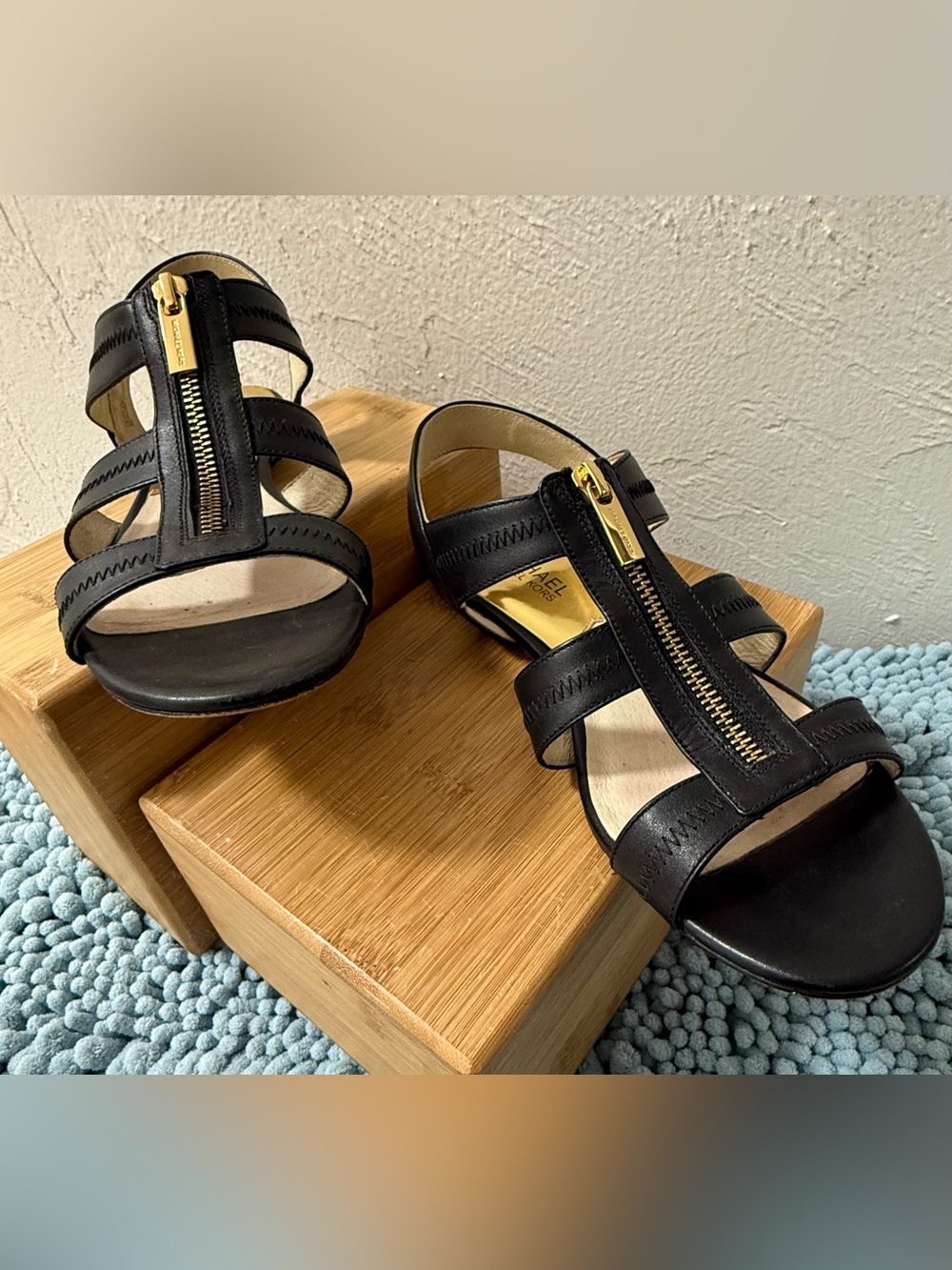 Michael Kors Black Leather Zip-Front Sandals with Gold Accents